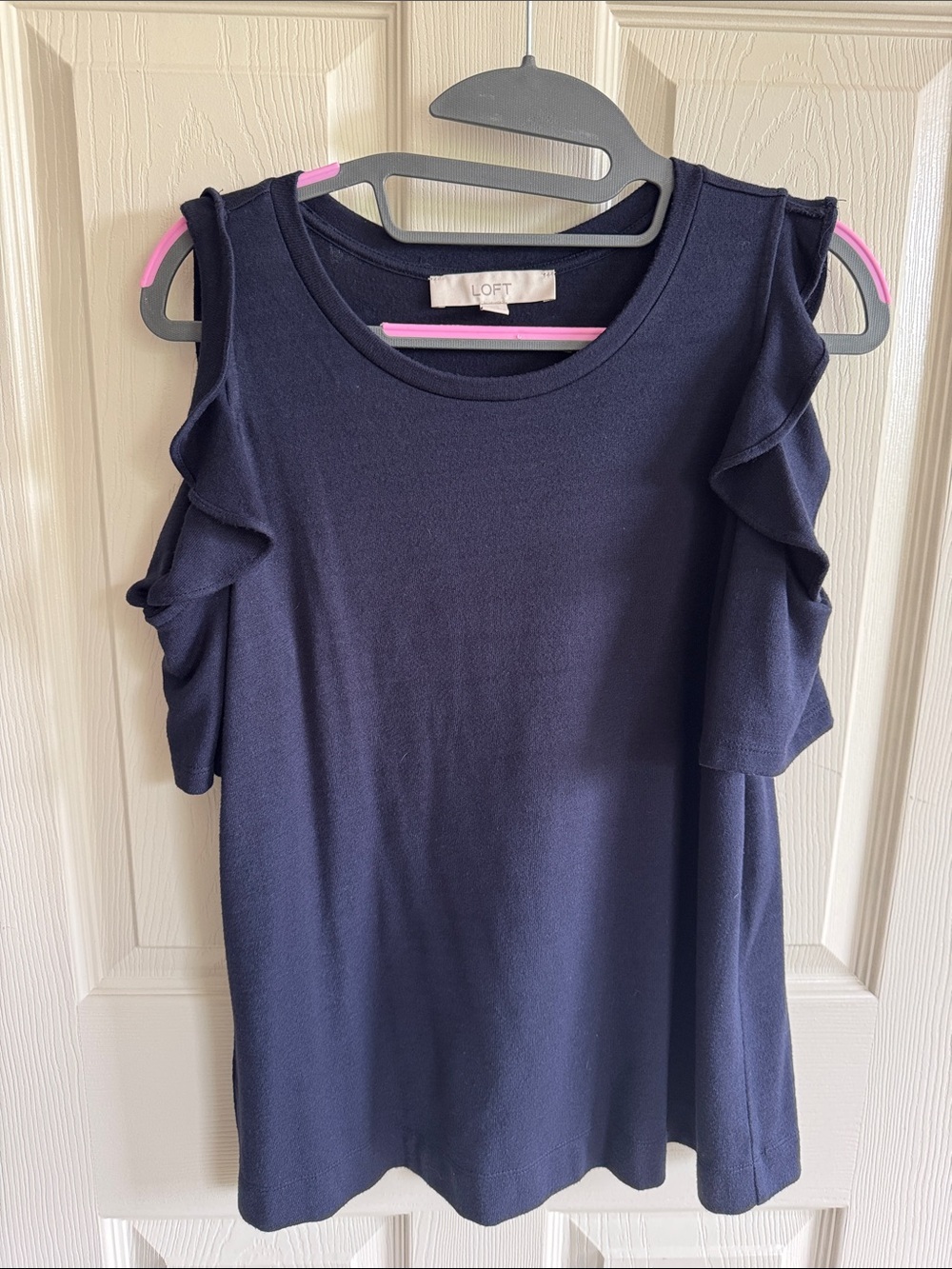 LOFT Navy Ruffle Cold-Shoulder Top
